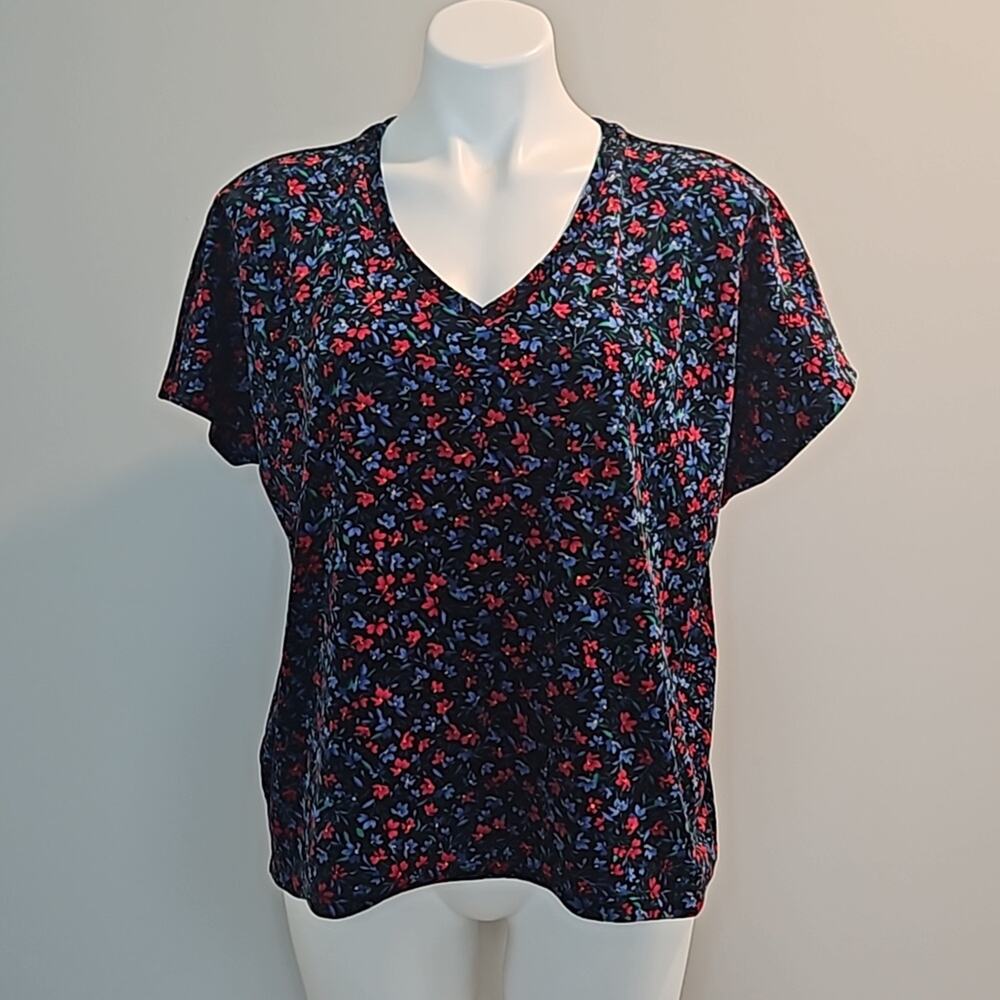 LOFT Velour Floral Short Sleeve Blouse  Blue & Red  Women’s Size Medium